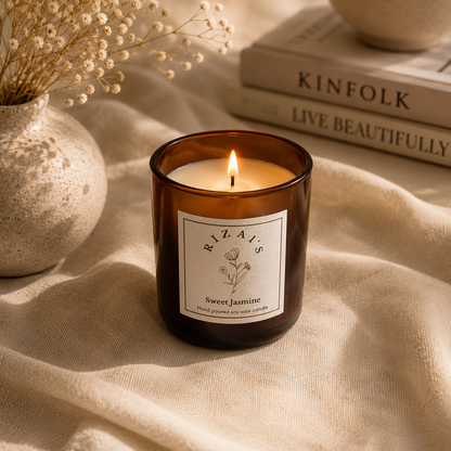 Lit rizai's candle in a amber jar with a visible label on a textured surface, surrounded by books and a vase with dried flowers.