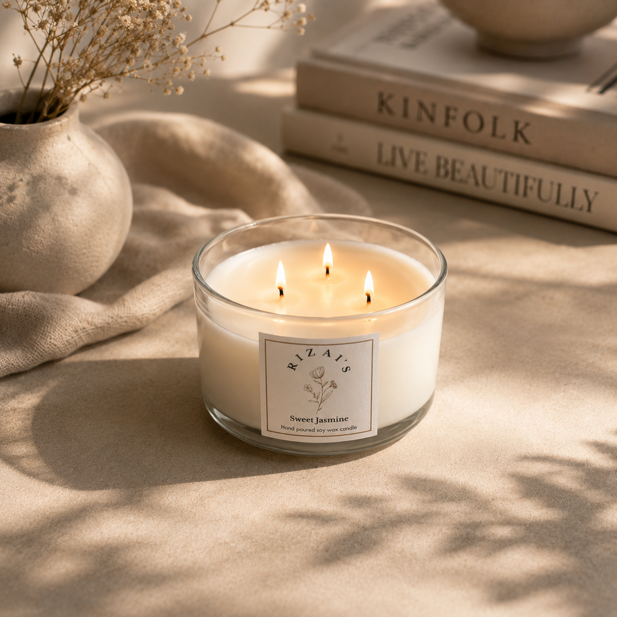 Lit rizai's 3 wick candle in a glass jar with a label, surrounded by books and decorative items on a neutral surface.