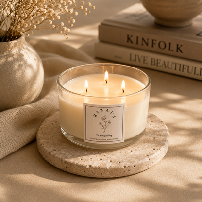 Lit rizai's tranquility candle on a stone coaster, surrounded by books and a vase with dried flowers